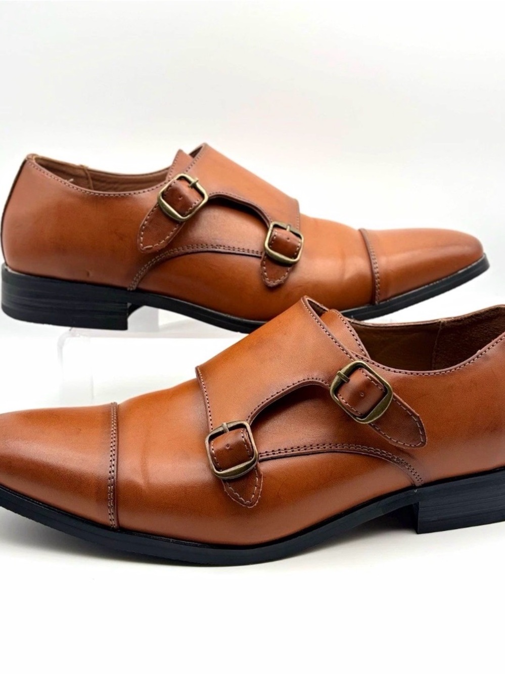 Men's Double Monk Strap Oxfords - Cognac Brown Leather